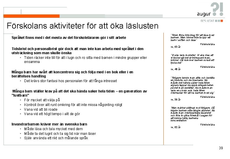 Förskolans aktiviteter för att öka läslusten Språket finns med i det mesta av det