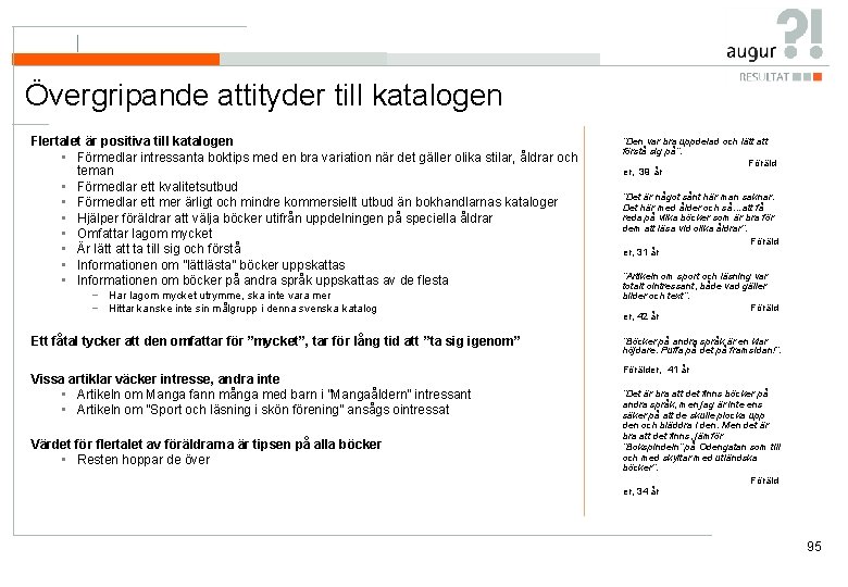 Övergripande attityder till katalogen Flertalet är positiva till katalogen • Förmedlar intressanta boktips med Övergripande attityder till katalogen Flertalet är positiva till katalogen • Förmedlar intressanta boktips med
