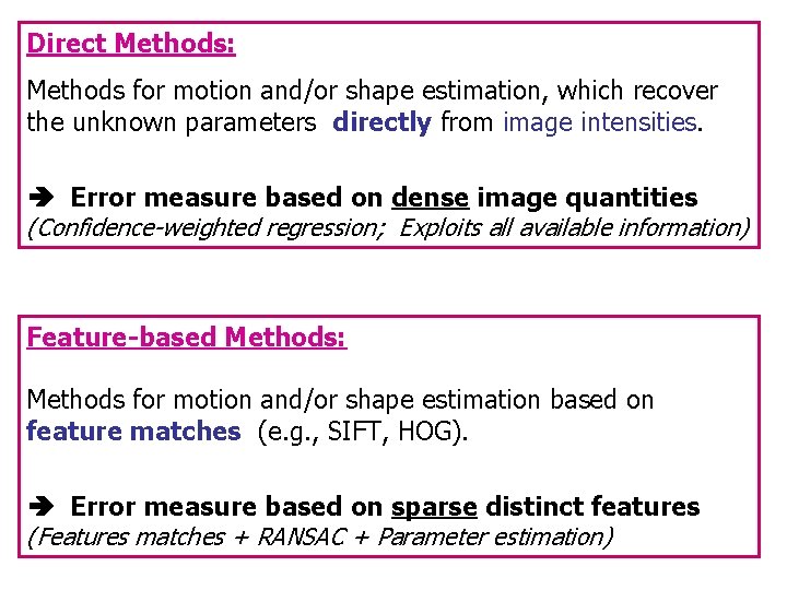 Direct Methods: Methods for motion and/or shape estimation, which recover the unknown parameters directly