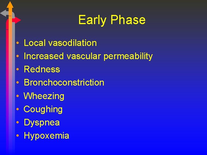 Early Phase • • Local vasodilation Increased vascular permeability Redness Bronchoconstriction Wheezing Coughing Dyspnea