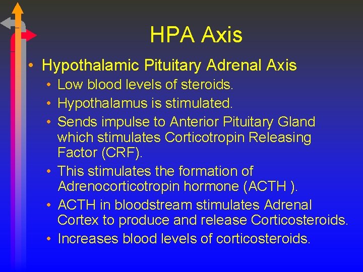 HPA Axis • Hypothalamic Pituitary Adrenal Axis • Low blood levels of steroids. •