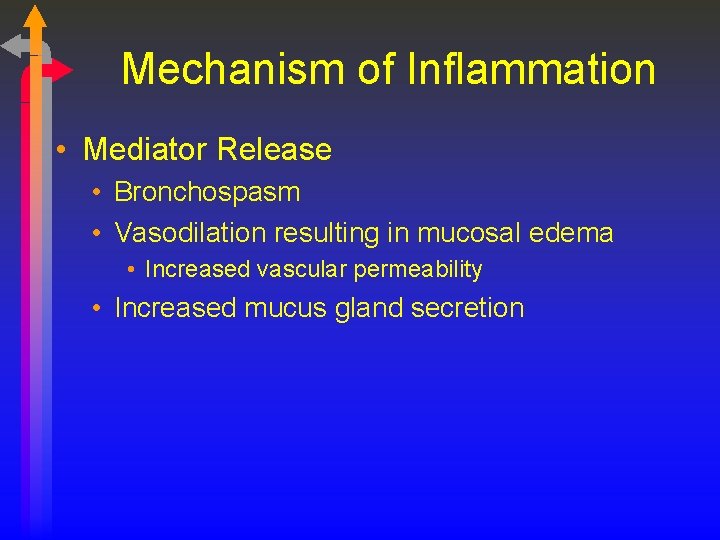 Mechanism of Inflammation • Mediator Release • Bronchospasm • Vasodilation resulting in mucosal edema