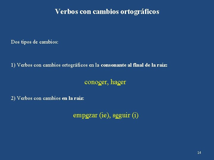 Verbos con cambios ortográficos Dos tipos de cambios: 1) Verbos con cambios ortográficos en