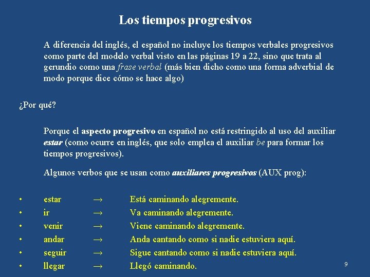 Los tiempos progresivos A diferencia del inglés, el español no incluye los tiempos verbales