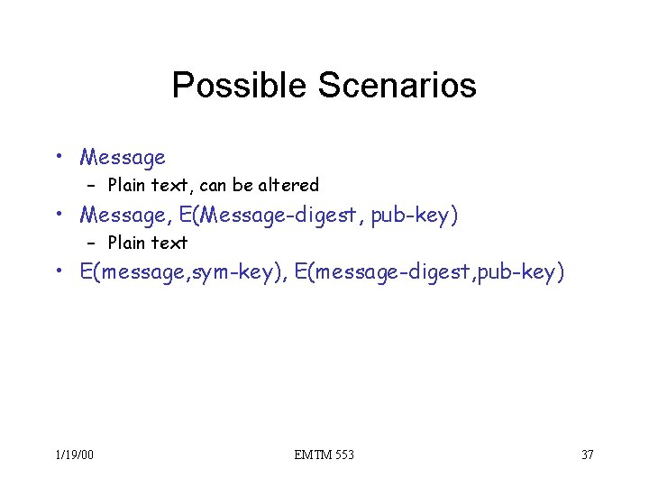 Possible Scenarios • Message – Plain text, can be altered • Message, E(Message-digest, pub-key)