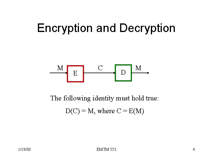 Encryption and Decryption M E C D M The following identity must hold true: