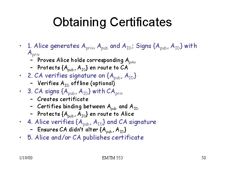 Obtaining Certificates • 1. Alice generates Apriv, Apub and AID; Signs {Apub, AID} with