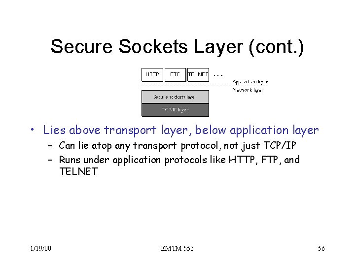 Secure Sockets Layer (cont. ) • Lies above transport layer, below application layer –