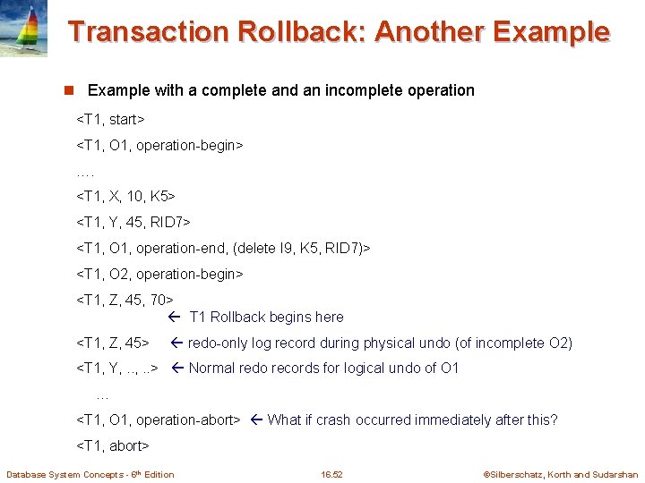 Transaction Rollback: Another Example n Example with a complete and an incomplete operation <T Transaction Rollback: Another Example n Example with a complete and an incomplete operation <T