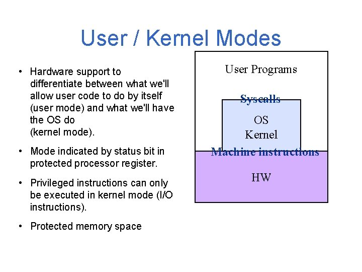 User / Kernel Modes • Hardware support to differentiate between what we'll allow user