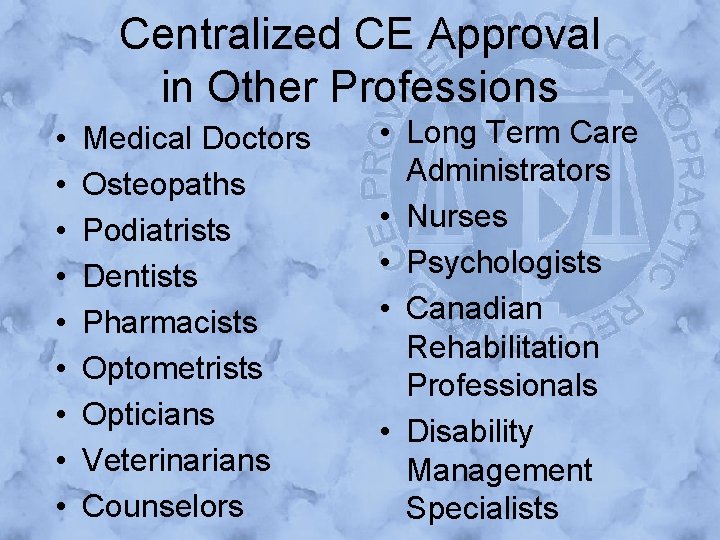 Centralized CE Approval in Other Professions • • • Medical Doctors Osteopaths Podiatrists Dentists