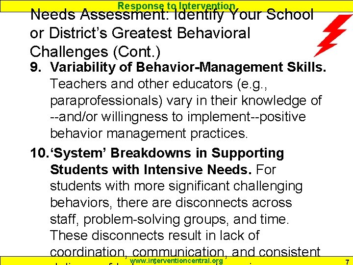 Response to Intervention Needs Assessment: Identify Your School or District’s Greatest Behavioral Challenges (Cont.