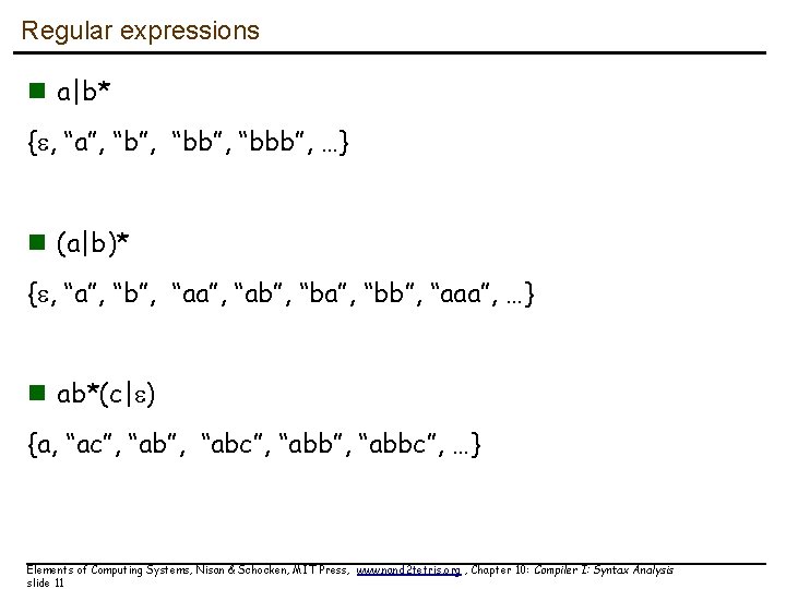 Regular expressions n a|b* { , “a”, “bb”, “bbb”, …} n (a|b)* { ,