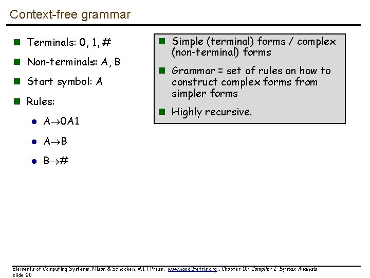 Context-free grammar n Terminals: 0, 1, # n Non-terminals: A, B n Start symbol: