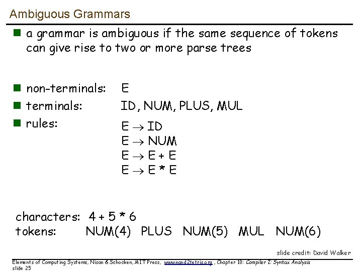 Ambiguous Grammars n a grammar is ambiguous if the same sequence of tokens can