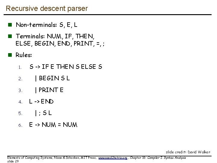 Recursive descent parser n Non-terminals: S, E, L n Terminals: NUM, IF, THEN, ELSE,