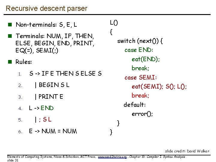 Recursive descent parser n Non-terminals: S, E, L n Terminals: NUM, IF, THEN, ELSE,