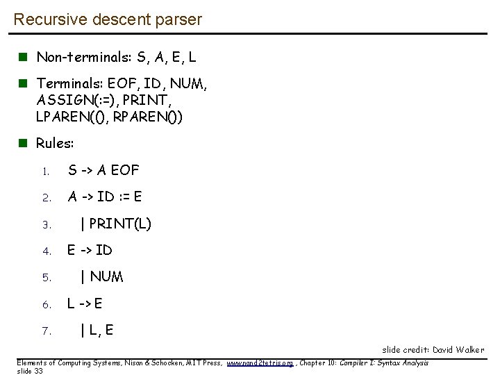 Recursive descent parser n Non-terminals: S, A, E, L n Terminals: EOF, ID, NUM,