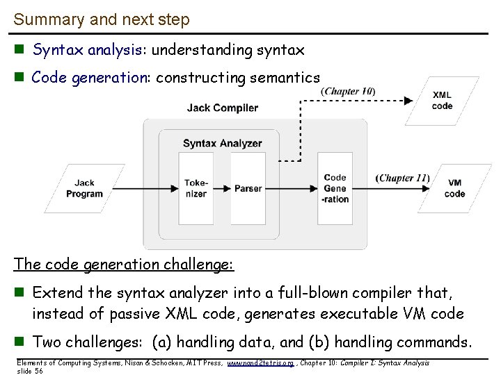 Summary and next step n Syntax analysis: understanding syntax n Code generation: constructing semantics
