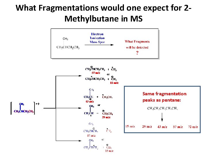 What Fragmentations would one expect for 2 Methylbutane in MS Same fragmentation peaks as
