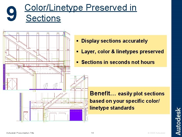 9 Color/Linetype Preserved in Sections § Display sections accurately § Layer, color & linetypes