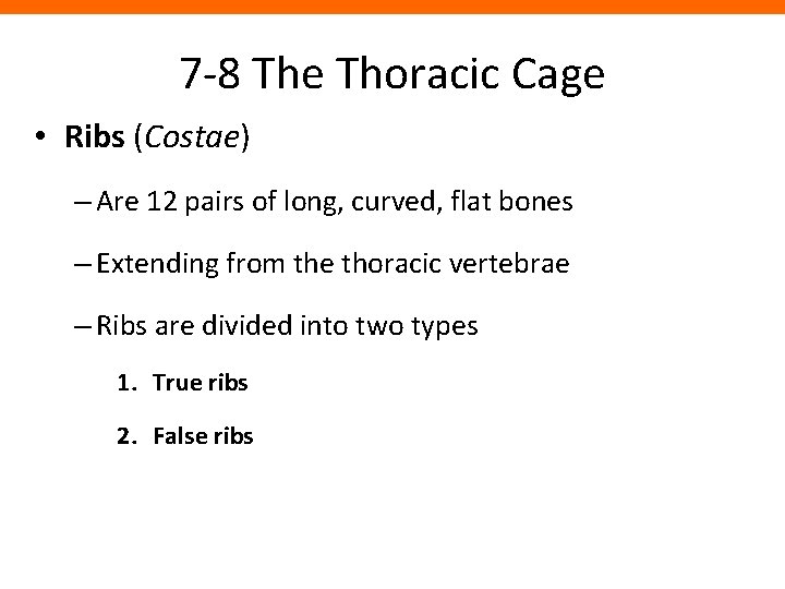 7 -8 The Thoracic Cage • Ribs (Costae) – Are 12 pairs of long,