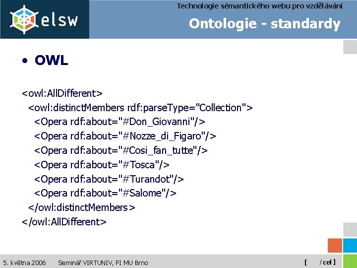 Technologie sémantického webu pro vzdělávání Ontologie - standardy • OWL <owl: All. Different> <owl: