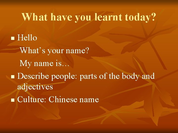 What have you learnt today? Hello What’s your name? My name is… n Describe