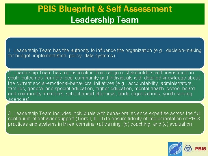 PBIS Blueprint & Self Assessment Leadership Team 1. Leadership Team has the authority to