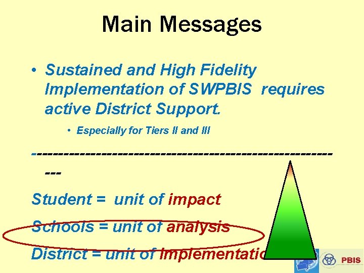 Main Messages • Sustained and High Fidelity Implementation of SWPBIS requires active District Support.