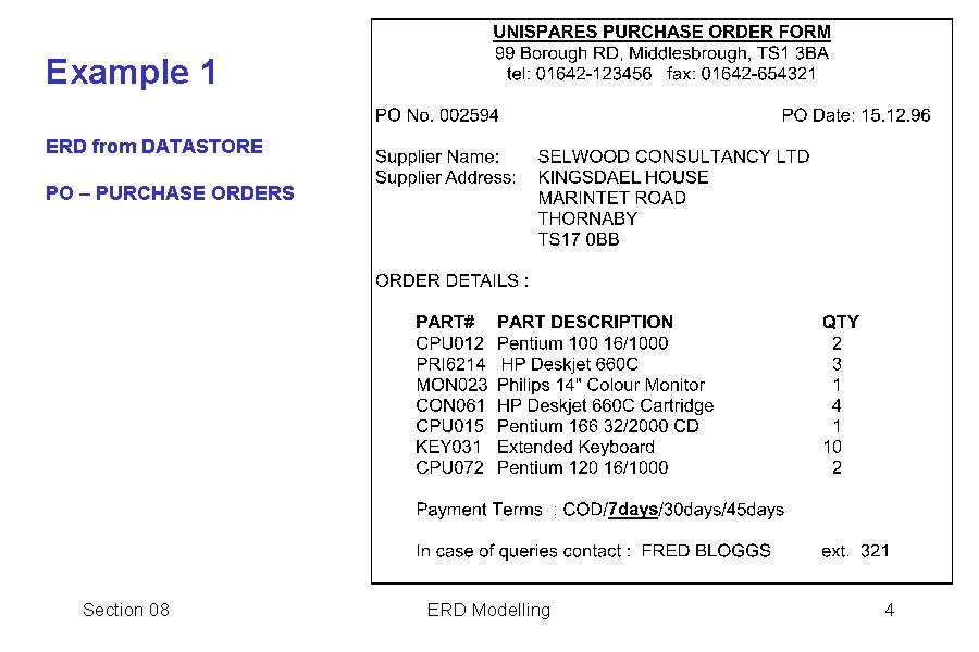 Example 1 ERD from DATASTORE PO – PURCHASE ORDERS Section 08 ERD Modelling 4