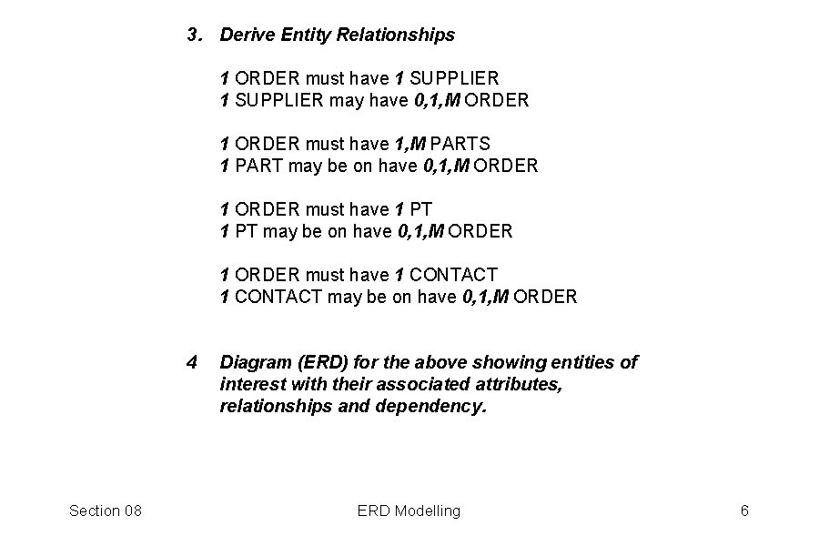 3. Derive Entity Relationships 1 ORDER must have 1 SUPPLIER may have 0, 1,