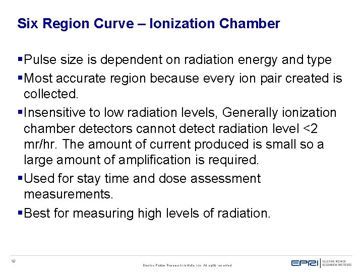 Six Region Curve – Ionization Chamber § Pulse size is dependent on radiation energy Six Region Curve – Ionization Chamber § Pulse size is dependent on radiation energy