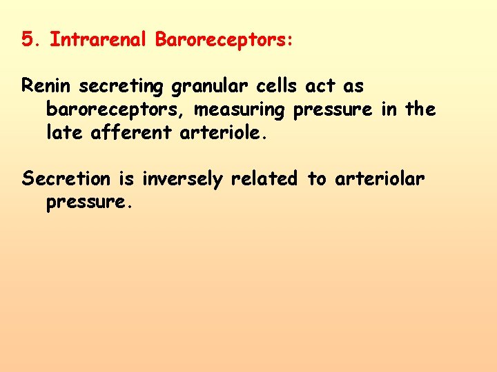 5. Intrarenal Baroreceptors: Renin secreting granular cells act as baroreceptors, measuring pressure in the