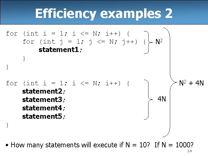 Efficiency examples 2 for (int i = 1; i <= N; i++) { for