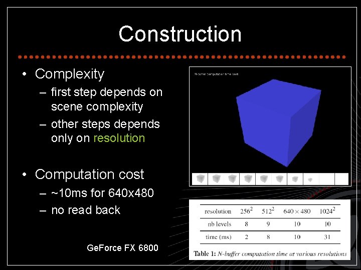 Construction • Complexity – first step depends on scene complexity – other steps depends
