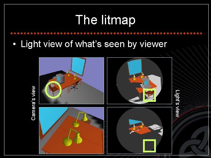 The litmap Light’s view Camera’s view • Light view of what’s seen by viewer