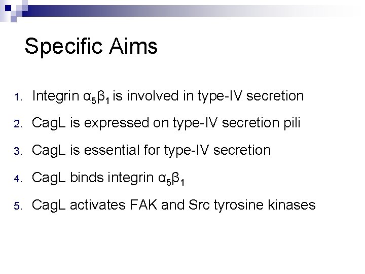 Specific Aims 1. Integrin α 5β 1 is involved in type-IV secretion 2. Cag.