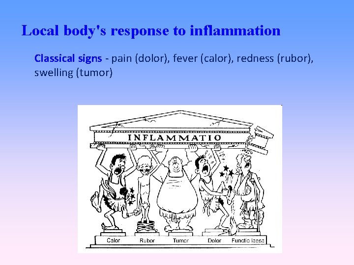 Local body's response to inflammation Classical signs - pain (dolor), fever (calor), redness (rubor),