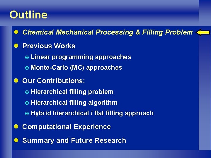 Outline l Chemical Mechanical Processing & Filling Problem l Previous Works ¤ Linear programming
