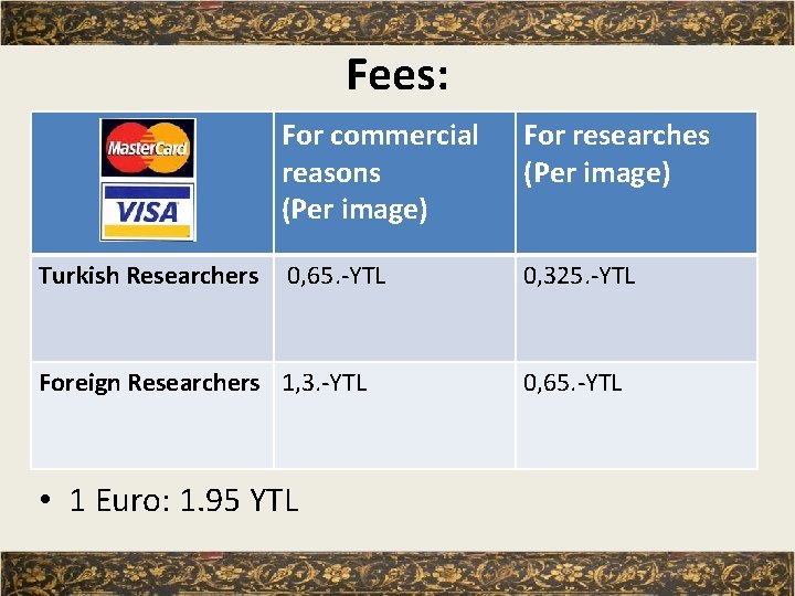 Fees: For commercial reasons (Per image) For researches (Per image) Turkish Researchers 0, 65.