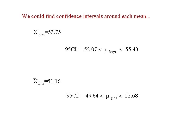 We could find confidence intervals around each mean. . . _ Xboys=53. 75 95