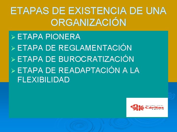 ETAPAS DE EXISTENCIA DE UNA ORGANIZACIÓN Ø ETAPA PIONERA Ø ETAPA DE REGLAMENTACIÓN Ø