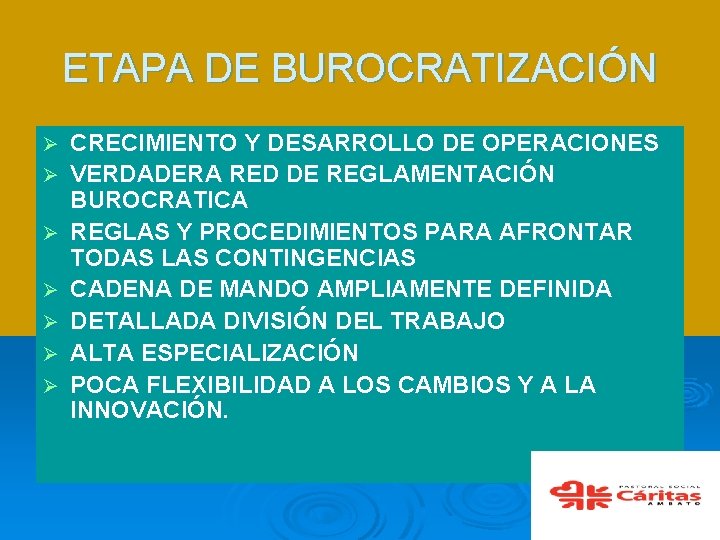 ETAPA DE BUROCRATIZACIÓN Ø Ø Ø Ø CRECIMIENTO Y DESARROLLO DE OPERACIONES VERDADERA RED