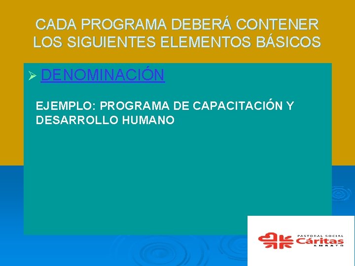 CADA PROGRAMA DEBERÁ CONTENER LOS SIGUIENTES ELEMENTOS BÁSICOS Ø DENOMINACIÓN EJEMPLO: PROGRAMA DE CAPACITACIÓN