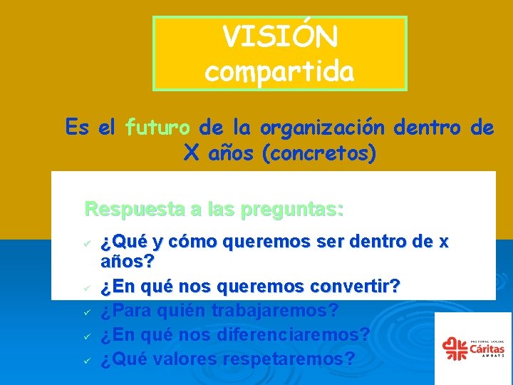 VISIÓN compartida Es el futuro de la organización dentro de X años (concretos) Respuesta