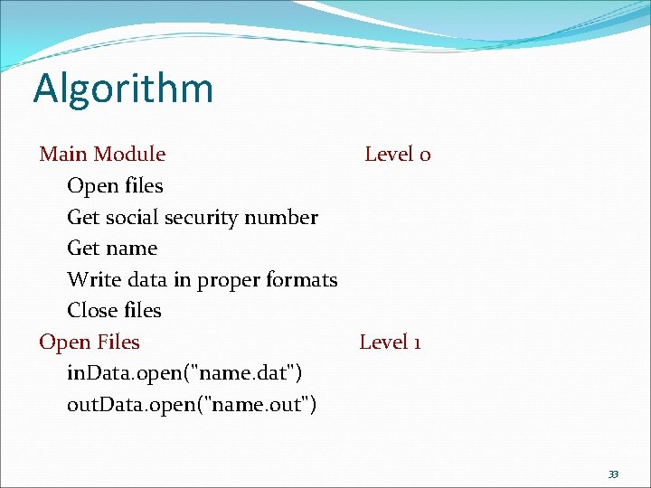 Algorithm Main Module Level 0 Open files Get social security number Get name Write