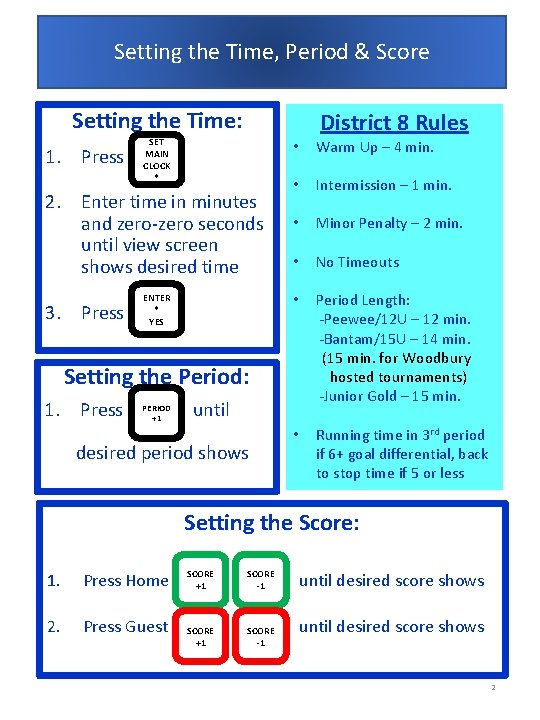 Setting the Time, Period & Score Setting the Time: 1. Press SET MAIN CLOCK