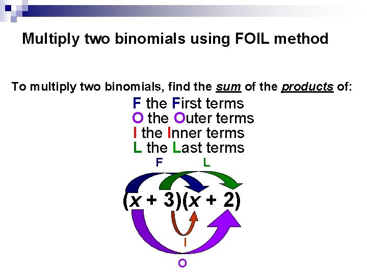 Multiply two binomials using FOIL method To multiply two binomials, find the sum of
