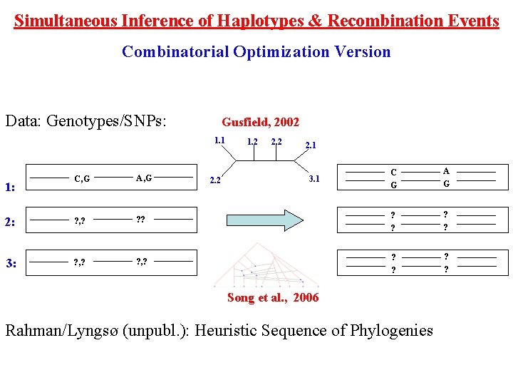 Simultaneous Inference of Haplotypes & Recombination Events Combinatorial Optimization Version Data: Genotypes/SNPs: Gusfield, 2002